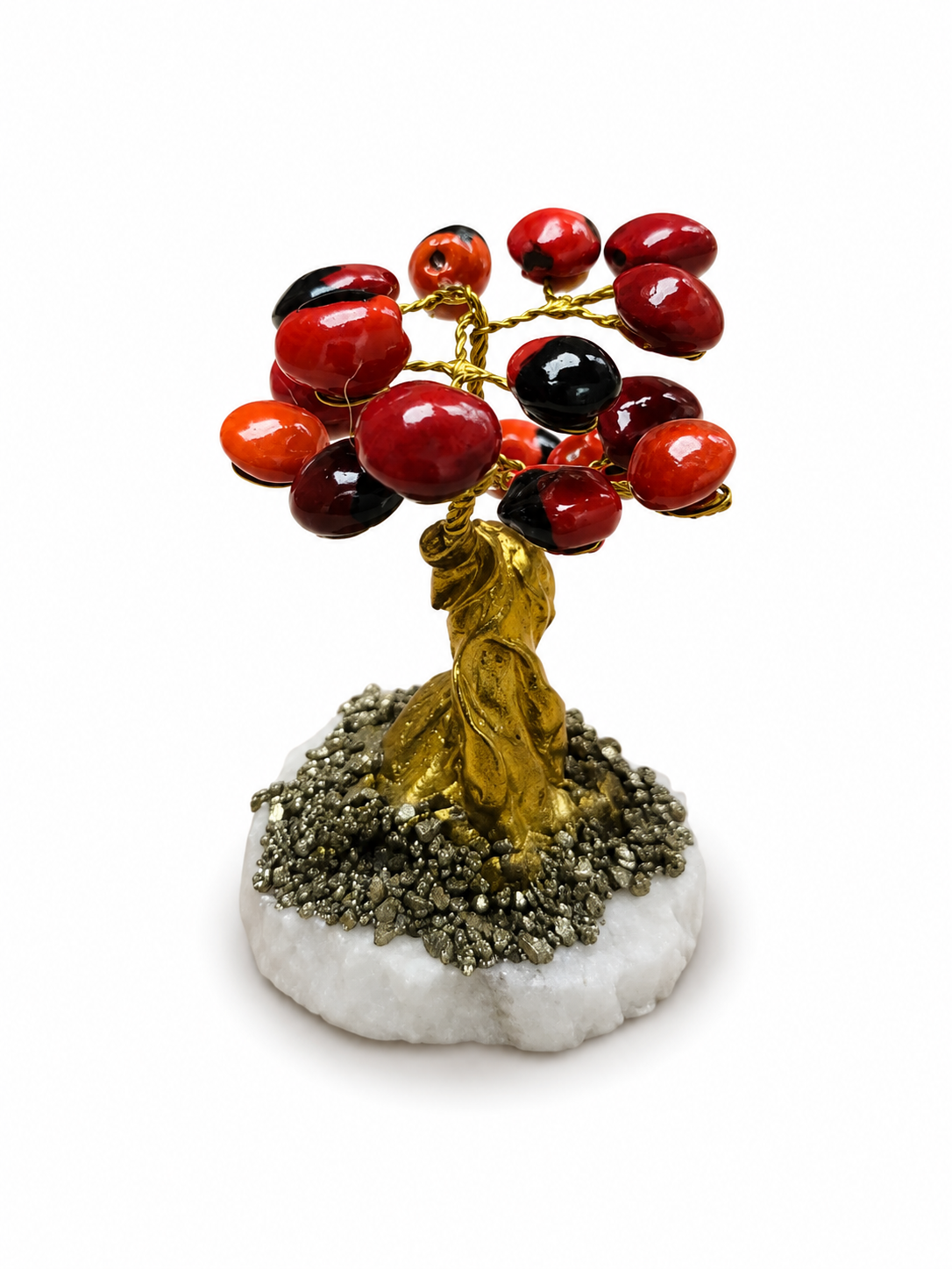 Árbol Mini de Huayruro Natural sobre Base de Cuarzo y Pirita