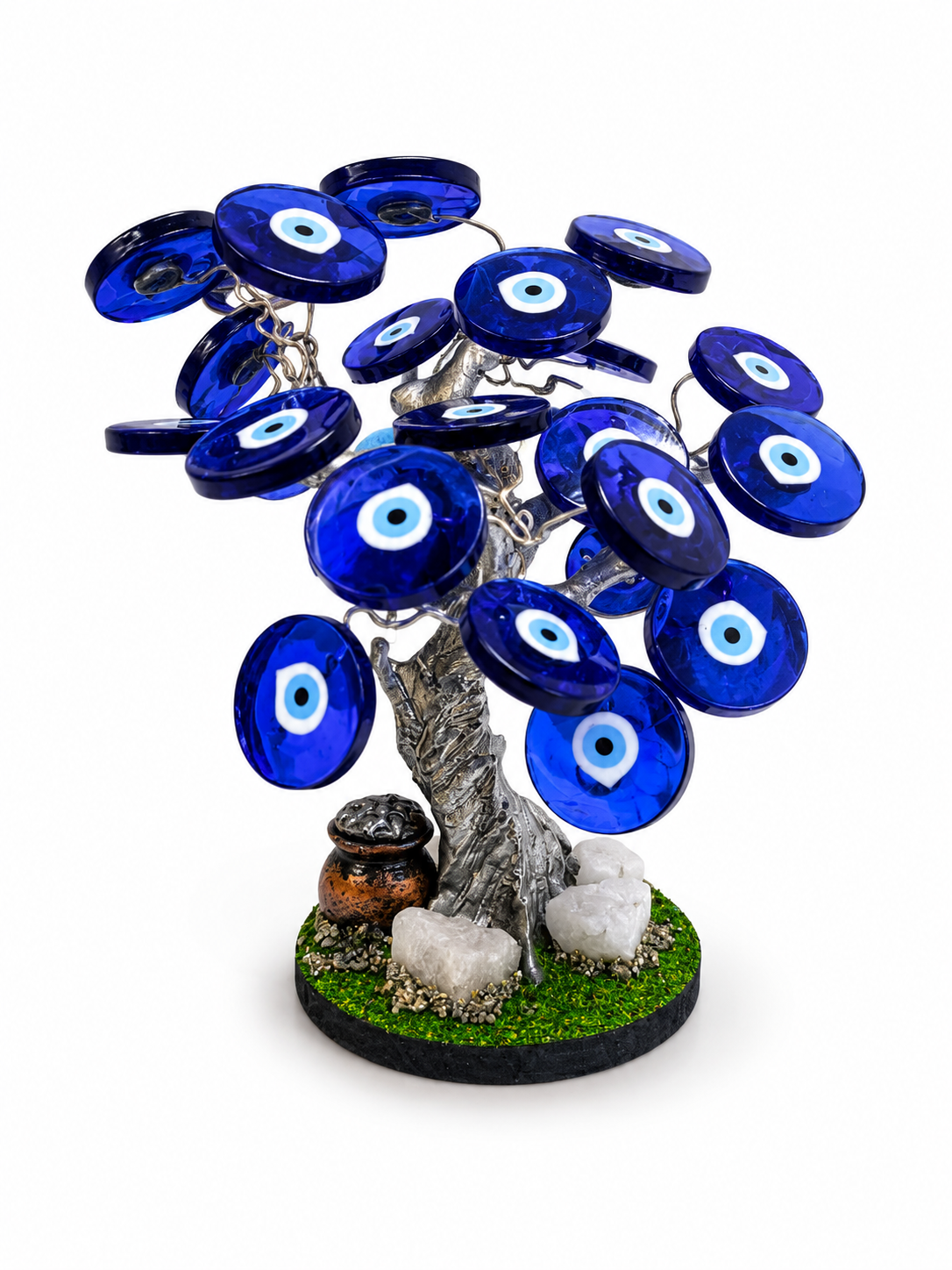 Árbol de Ojo Turco Grande con Cuarzo Blanco y Base Decorativa