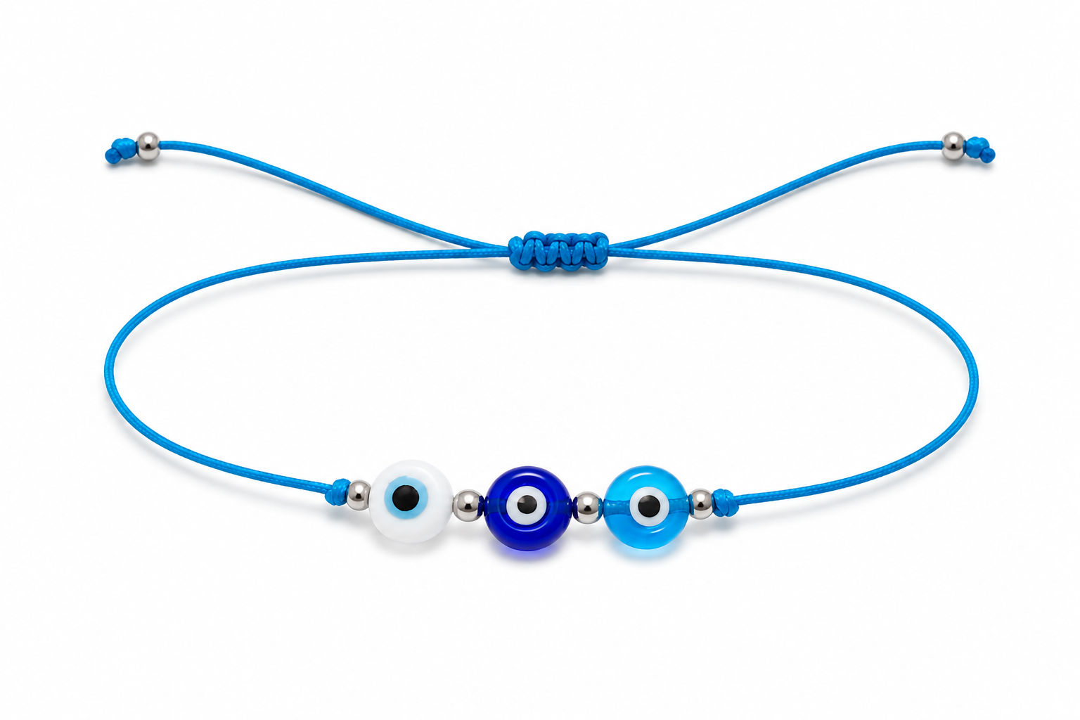Pulsera Ajustable de Tres Ojos Turcos con Hilo Celeste – Amuleto de Protección y Buena Energía